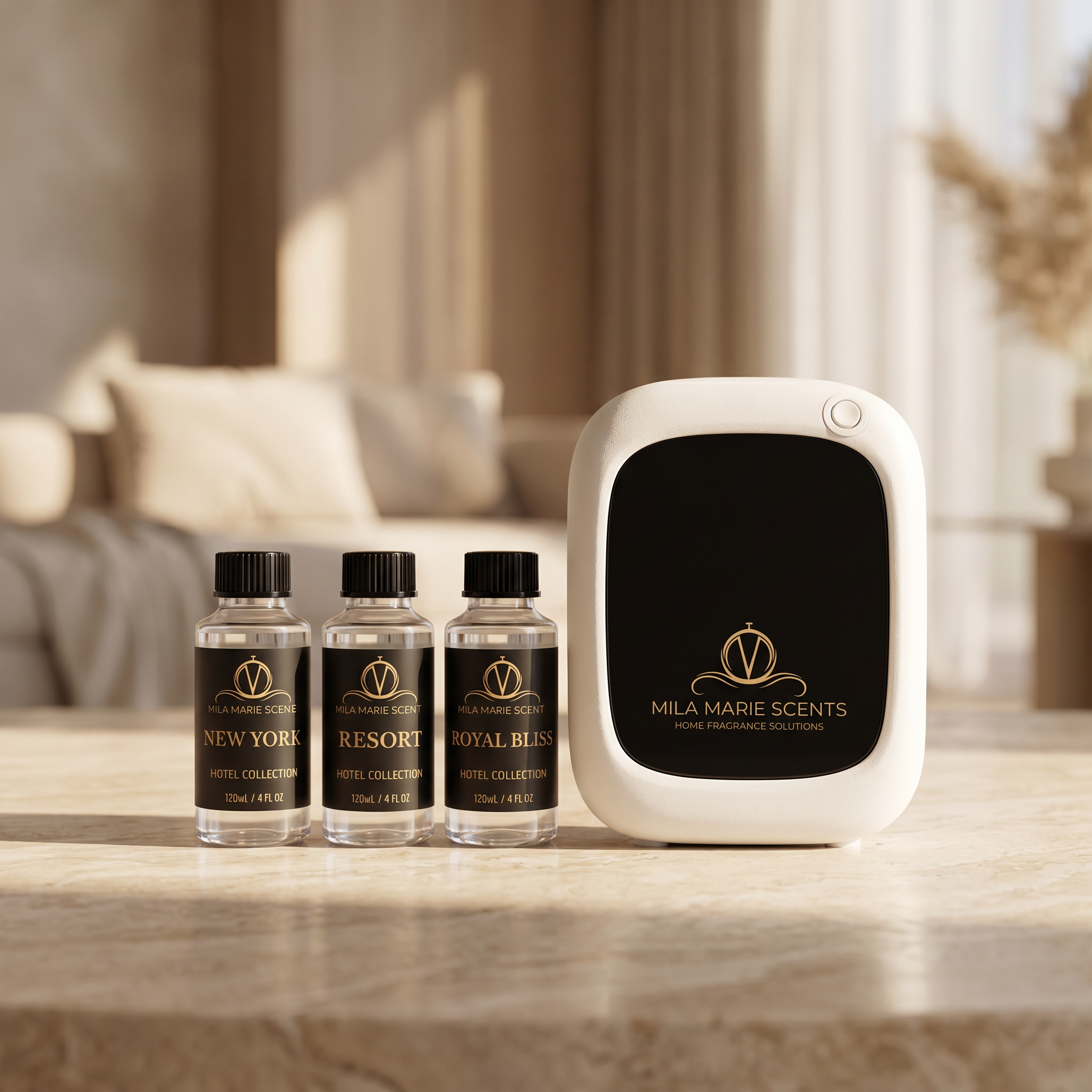 Mila Marie Scents diffuser and essential oil bottles on a table with a blurred background