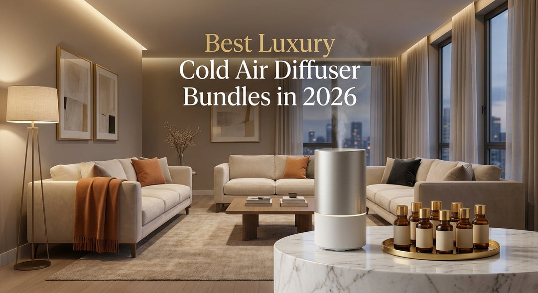 luxury cold air diffuser bundle on marble table in modern living room.