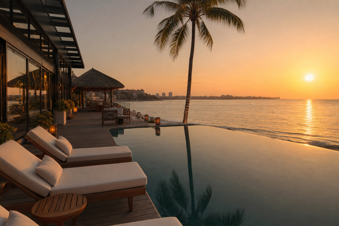 A photorealistic scene of a luxury beachside hotel terrace at golden hour, with warm amber light reflecting off still wa