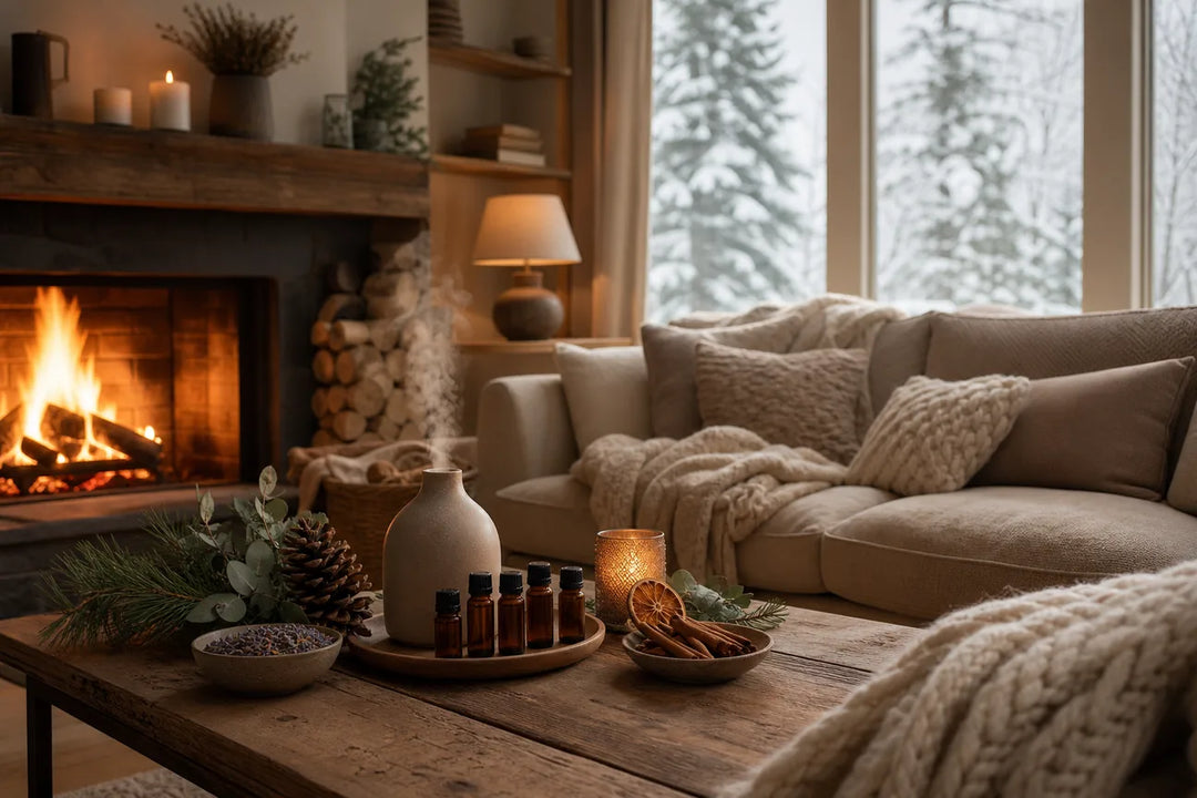 Editorial illustration for Best Fragrance Oils for a Cozy Winter Living Room