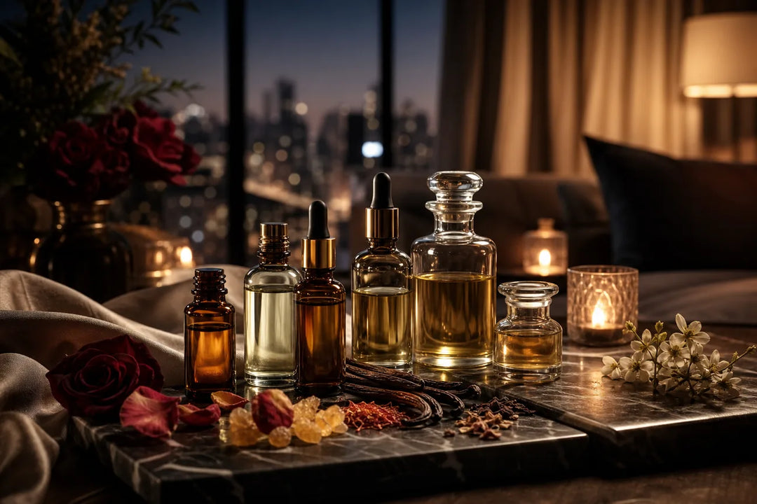 Editorial illustration for Best Luxury Fragrance Oils for Date Nights