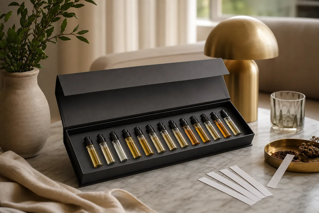 Editorial illustration for Best Premium Sampler Cards for 5 Luxury Scents at Home