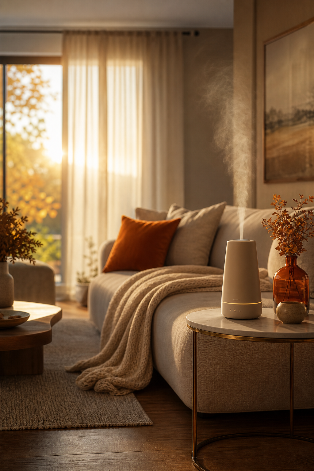 seasonal scent rotation setup in a modern living room with a cold-air diffuser on a side table.