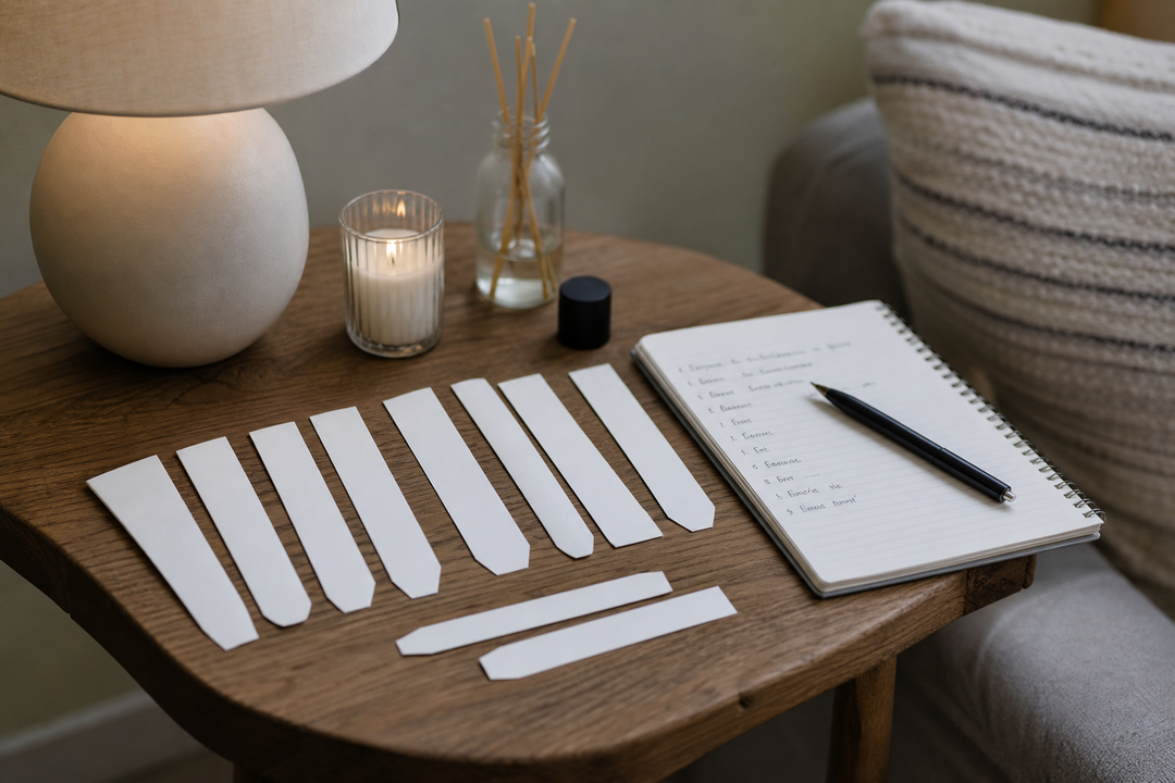 A photorealistic home fragrance testing scene with several unbranded scent cards on a wooden side table, a notebook with