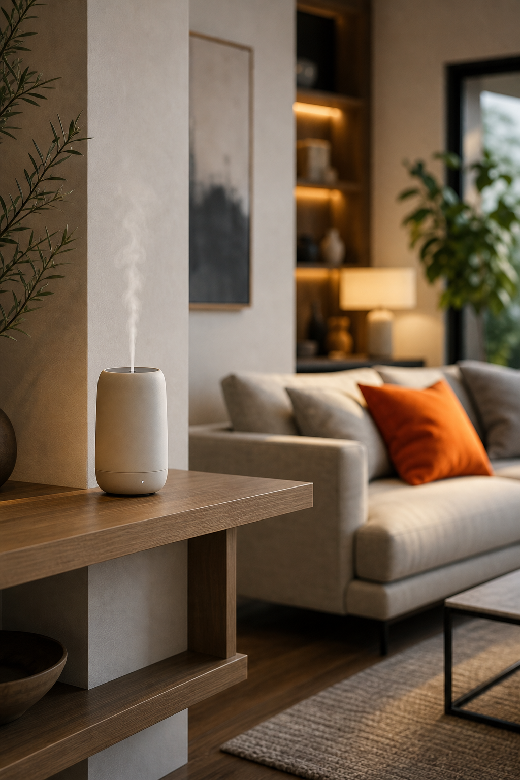 compact heat-free cold air diffuser for 150 sq ft living room on a modern shelf.