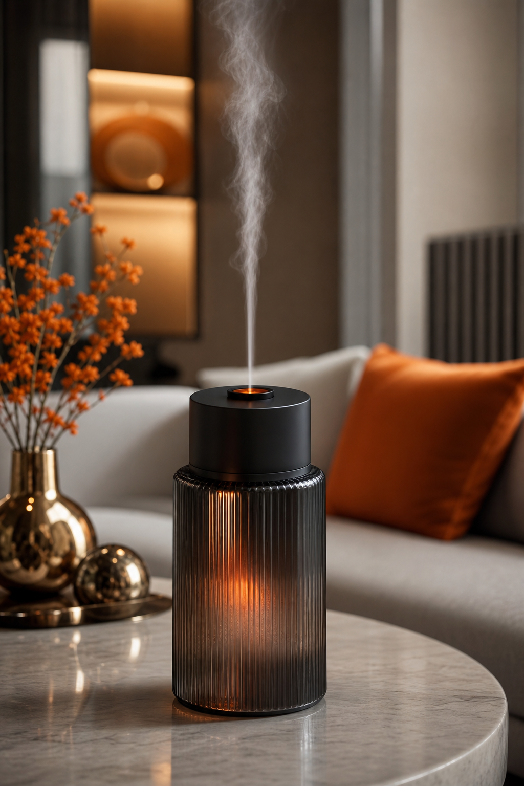 Elegant luxury fragrance oil diffuser in a modern living room.