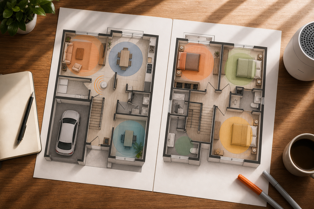 floor plan for scent zoning in a multi-level house with zones marked per floor.