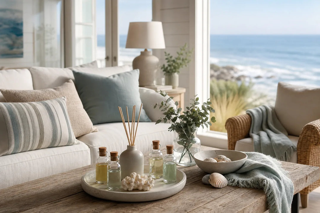 Editorial illustration for Best Fragrance Oil Pairs for Coastal Living Rooms