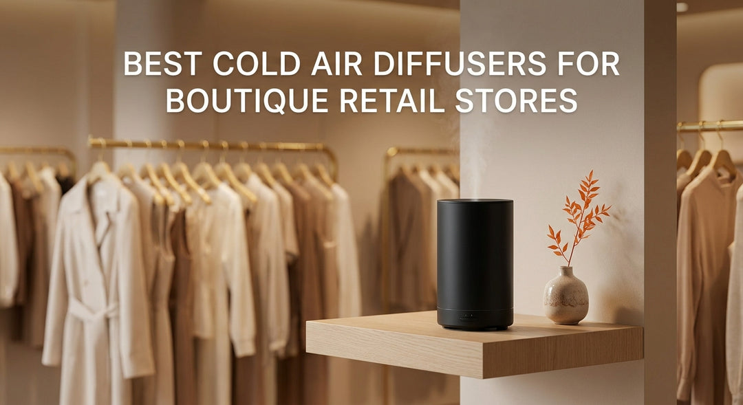 cold air diffuser for boutique retail store on a wooden shelf in an upscale clothing boutique.