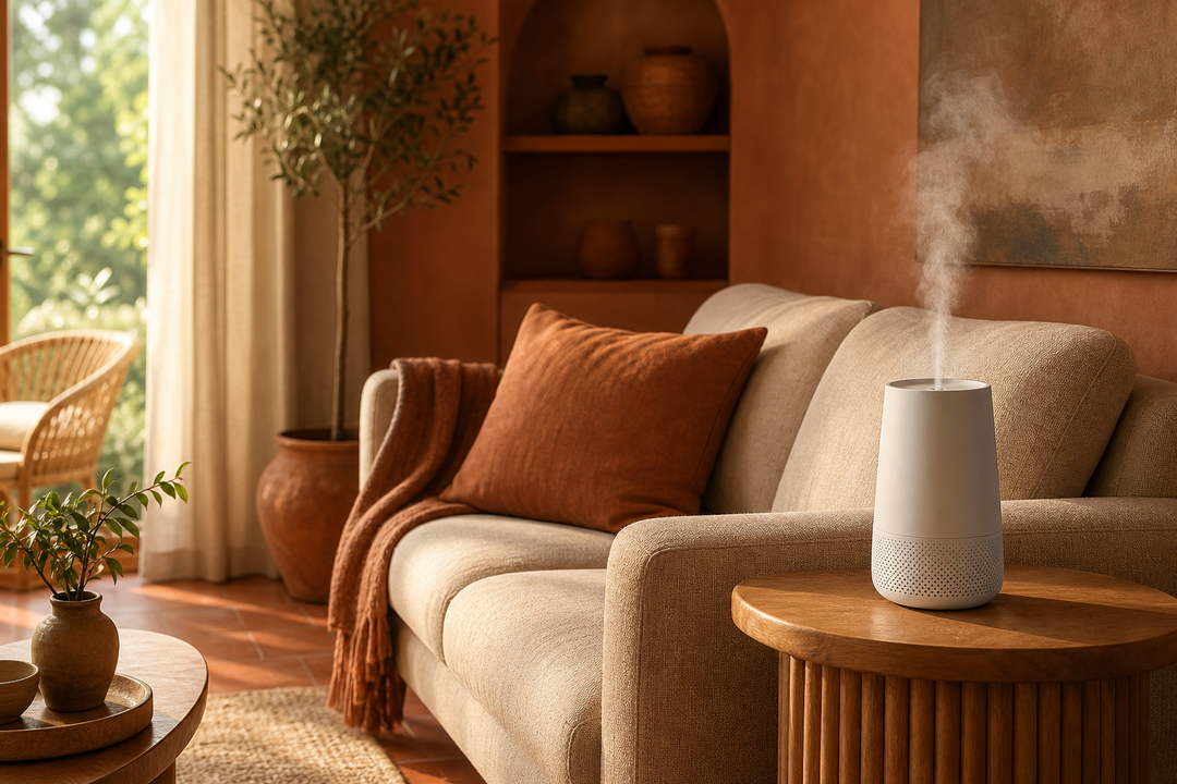 A warm, photorealistic interior living room scene with terracotta and ochre tones, a sleek cold-air diffuser on a side t