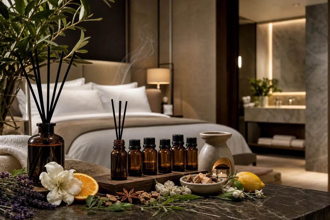 Editorial illustration for Best Fragrance Oil Sets for a Hotel Feel