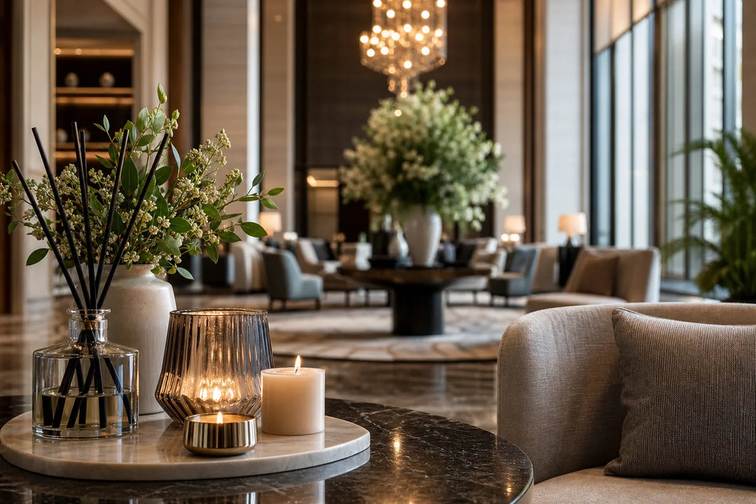 Editorial illustration for Top Hotel-Lobby Inspired Scents to Use at Home