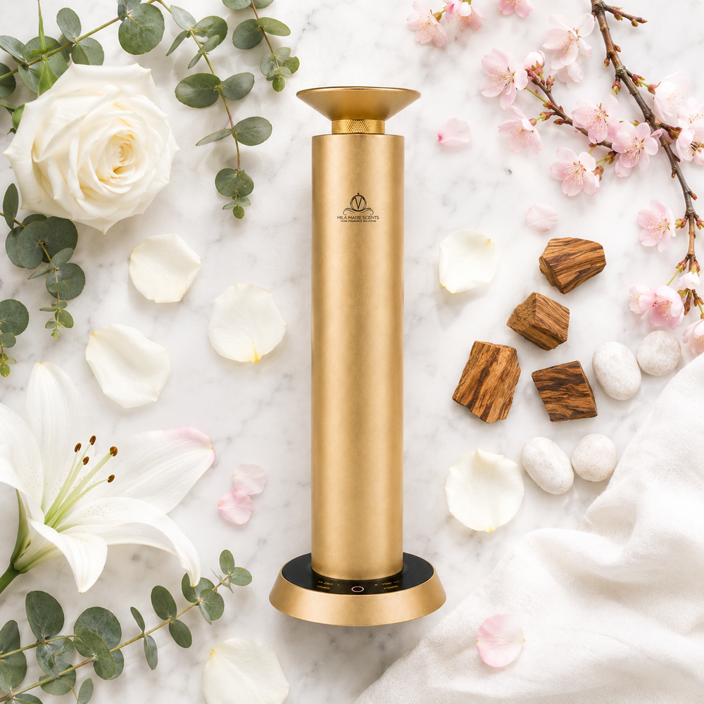 Gold cylindrical product on a marble surface with flowers and stones