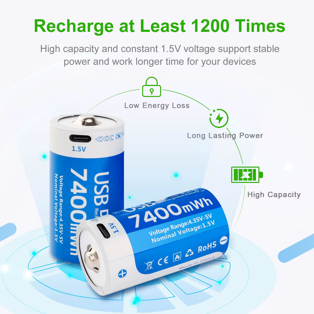 D Size Rechargeable Batteries With USB-C Fast Charging