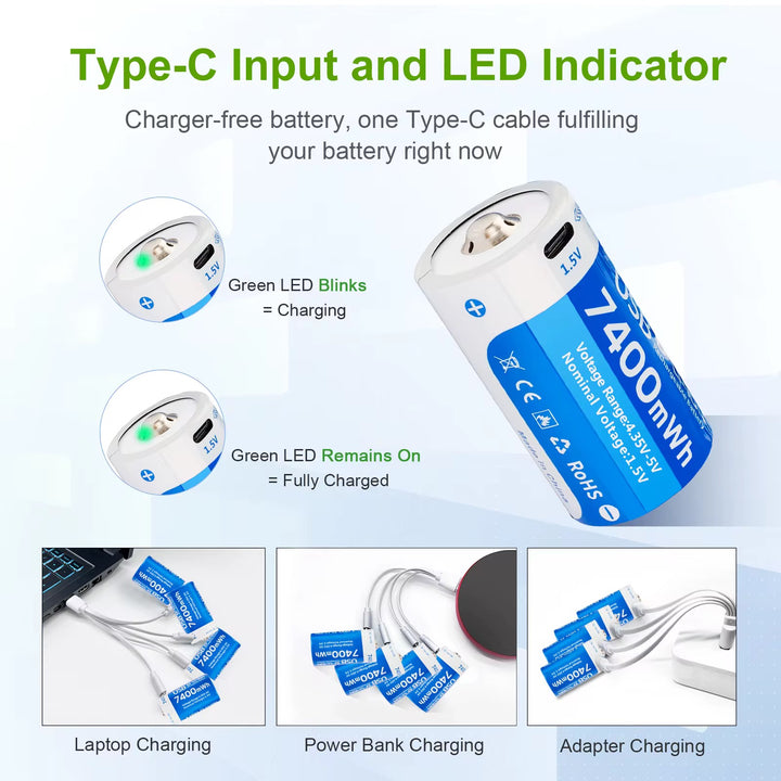 D Size Rechargeable Batteries With USB-C Fast Charging