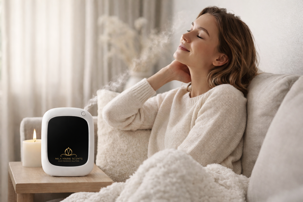 Woman relaxing on a couch with a diffuser emitting steam, surrounded by soft lighting.