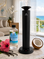 Black diffuser and Bali Reserve bottle on a table with a scenic background