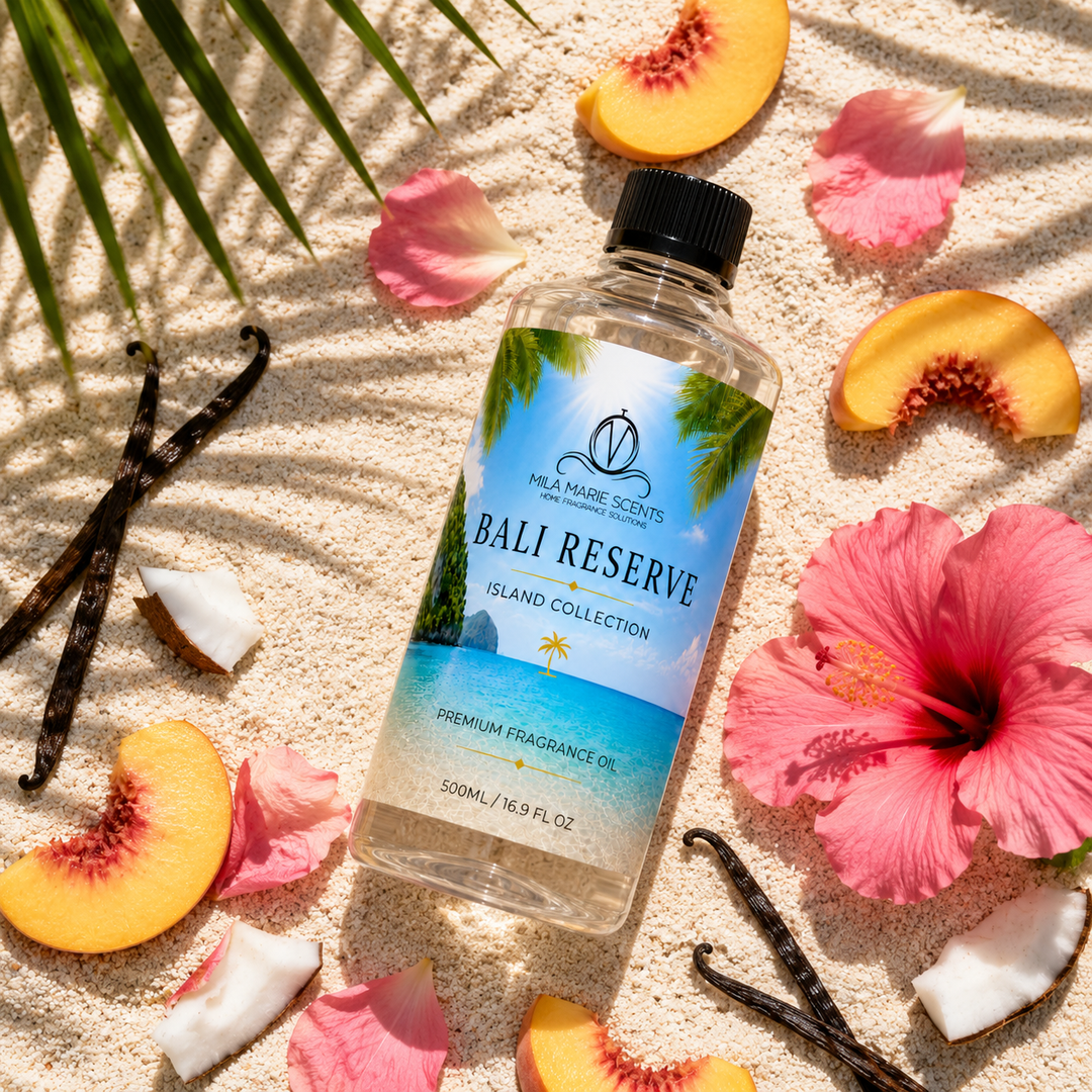 Bottle of Bali Reserve Island Collection fragrance oil on sand with tropical elements like peaches, flowers, and vanilla beans.