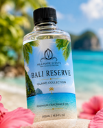 Bottle of Bali Reserve premium fragrance oil with a tropical background