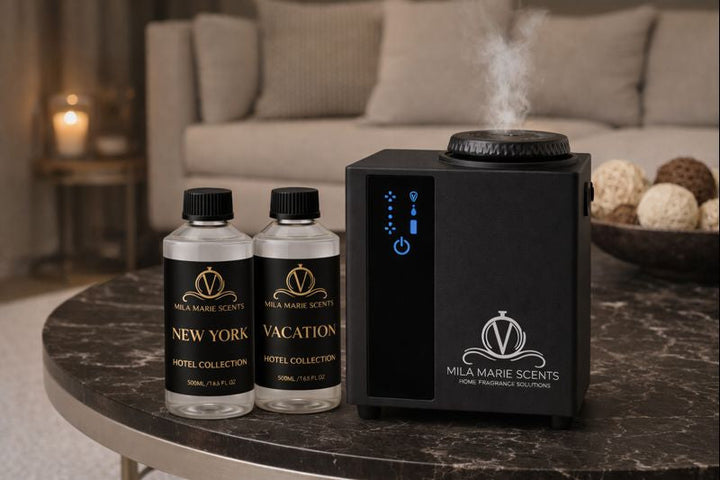 Pulse cold-air diffuser with Mila Marie Scents fragrance oils styled in a modern home