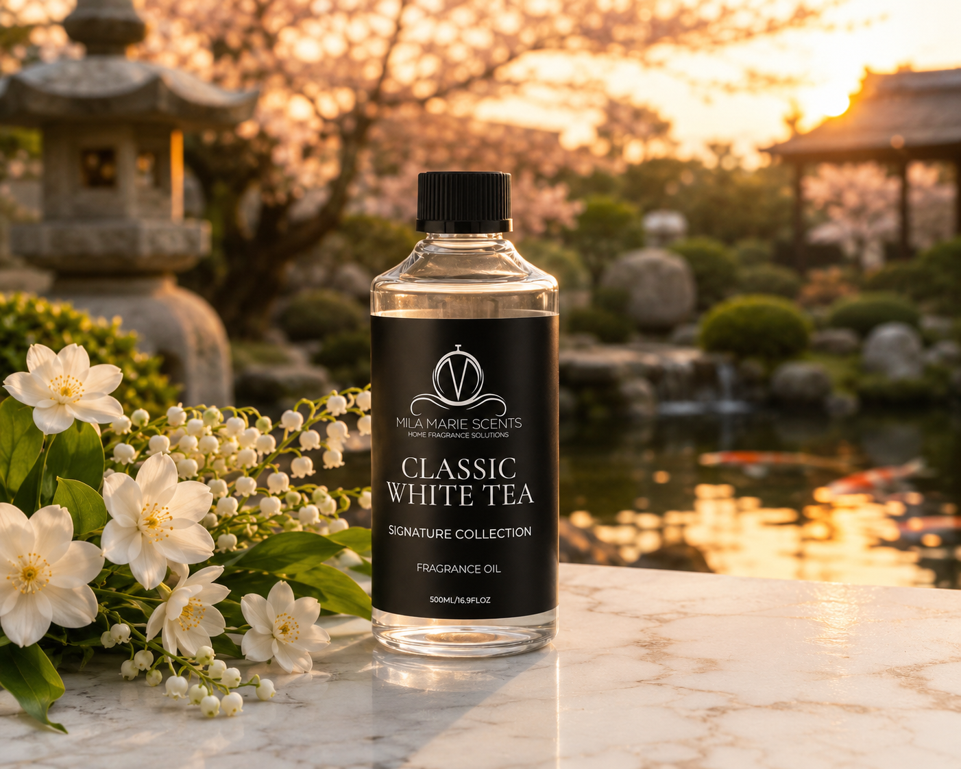 Bottle of Classic White Tea fragrance oil with flowers and a scenic background