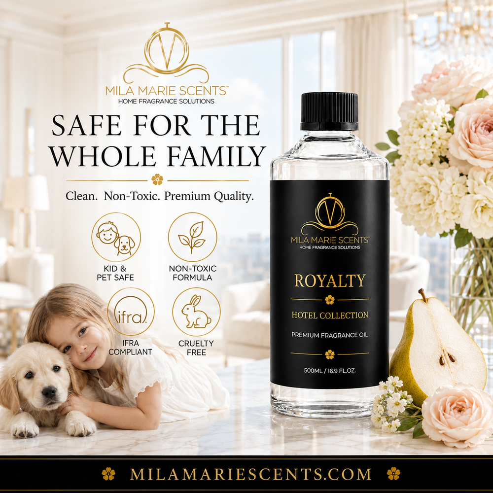 Mila Marie ScentsRoyalty Hotel Collection fragrance oil bottle with child and dog on a table, flowers in the background.