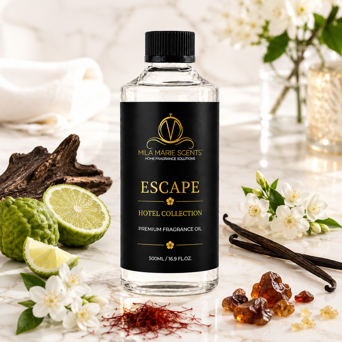 Escape | Inspired by Westin Hotels · Bergamot & Oud · Jasmine & Saffron · Amber & Vanilla - Mila Marie Scents