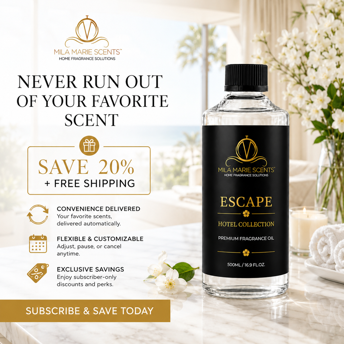 Escape | Inspired by Westin Hotels · Bergamot & Oud · Jasmine & Saffron · Amber & Vanilla - Mila Marie Scents