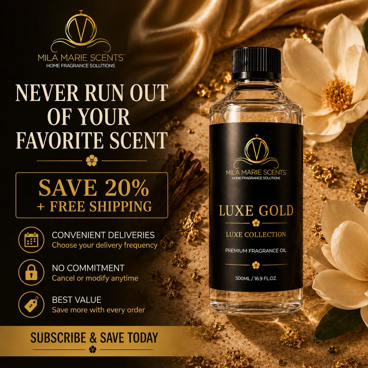 Luxe Gold | Bergamot & Lemon · Magnolia & Jasmine · Koa Wood - Mila Marie Scents