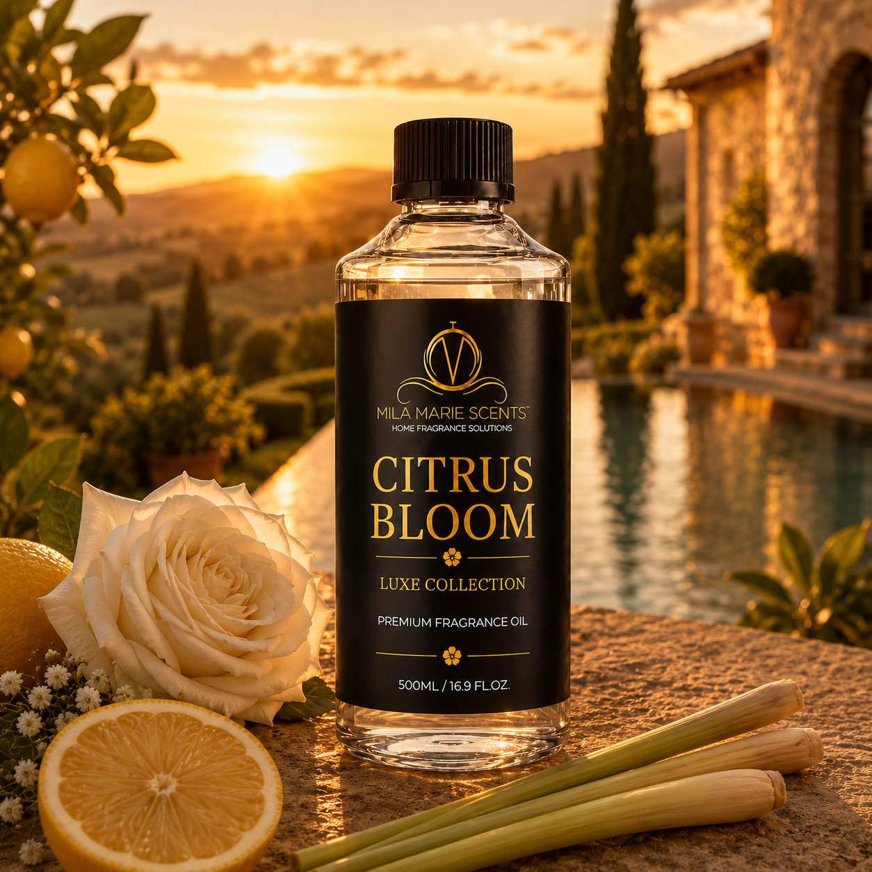 Bottle of 'Citrus Bloom' fragrance oil with lemons and roses against a scenic background