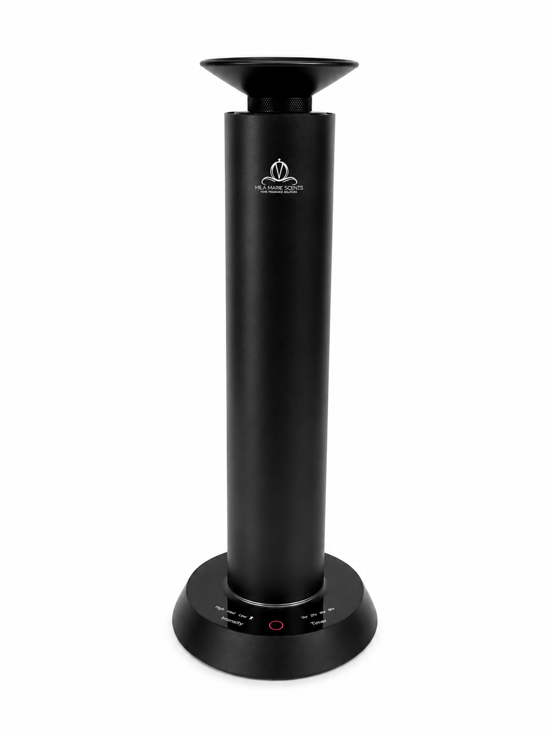 Black cylindrical device with a logo on a white background