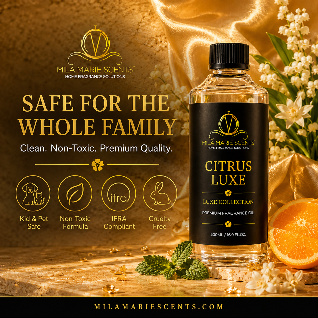 Mila Marie Scents Citrus Luxe fragrance oil bottle with branding and product details on a decorative background.