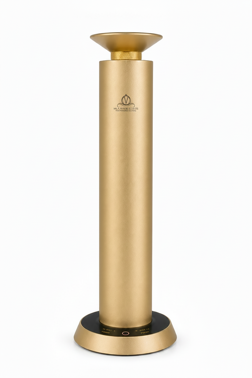 Gold cylindrical device with a brand logo on a white background