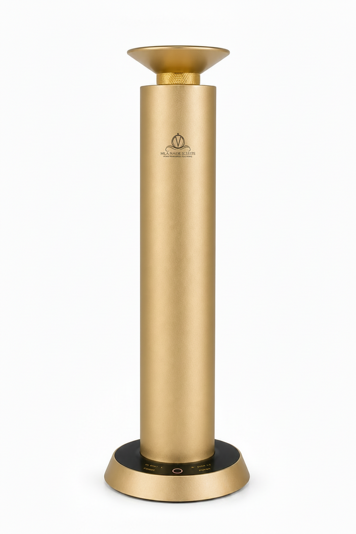 Gold cylindrical device with a brand logo on a white background
