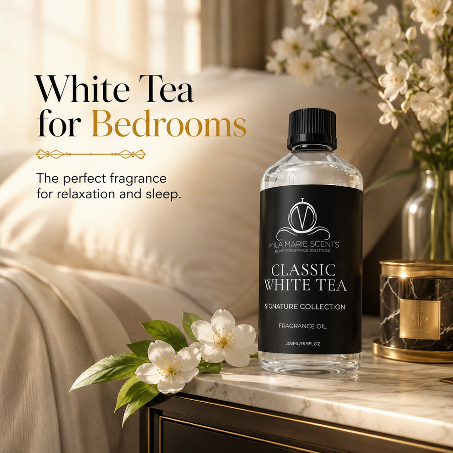 Classic White Tea luxury bottle on marble nightstand
