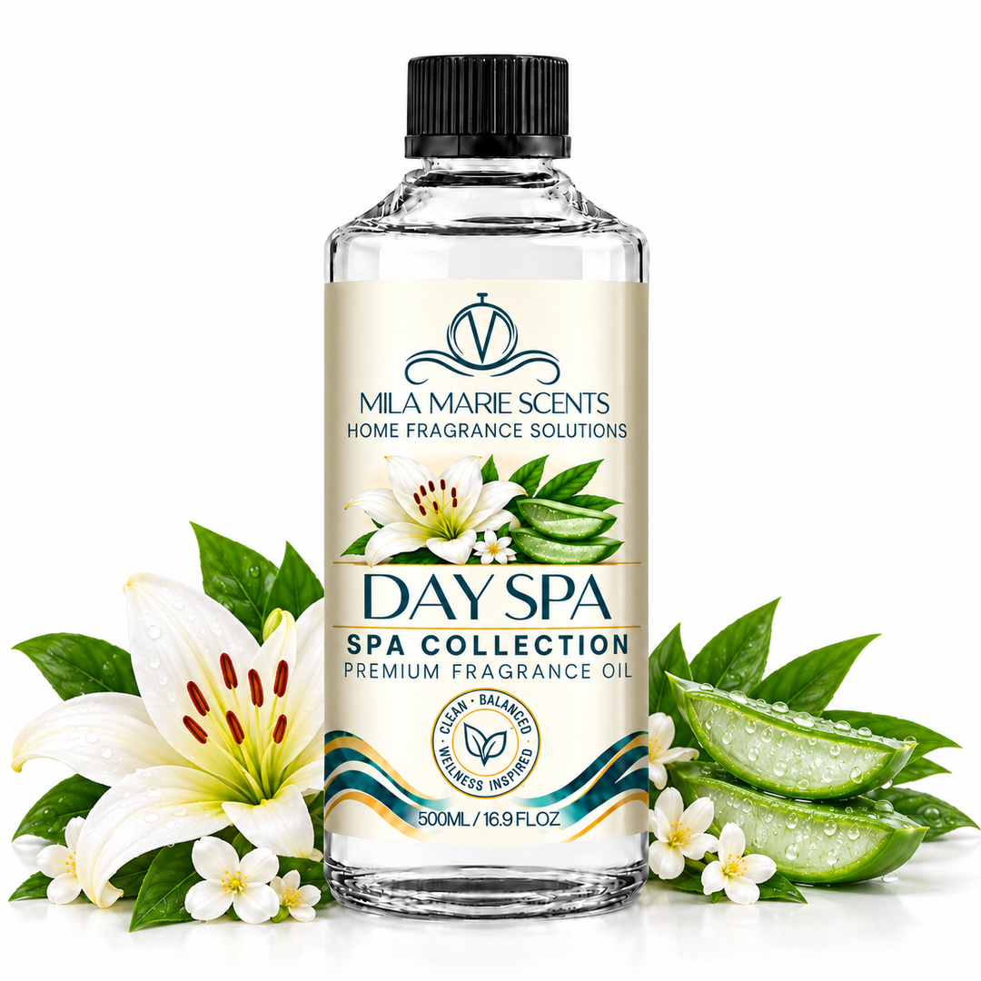A 500ml bottle of Mila Marie Scents Day Spa Collection Premium Fragrance Oil, surrounded by decorative botanical elements including white lilies, green leaves, and aloe vera slices on a clean white background.
