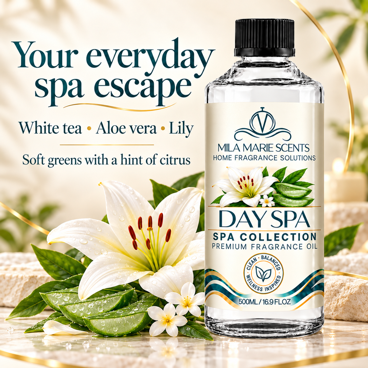 
A bottle of Mila Marie Scents Day Spa home fragrance oil stands on a marble surface beside white lilies, aloe vera slices, and small flowers, with promotional text reading 'Your everyday spa escape' and 'White tea • Aloe vera • Lily.'.
