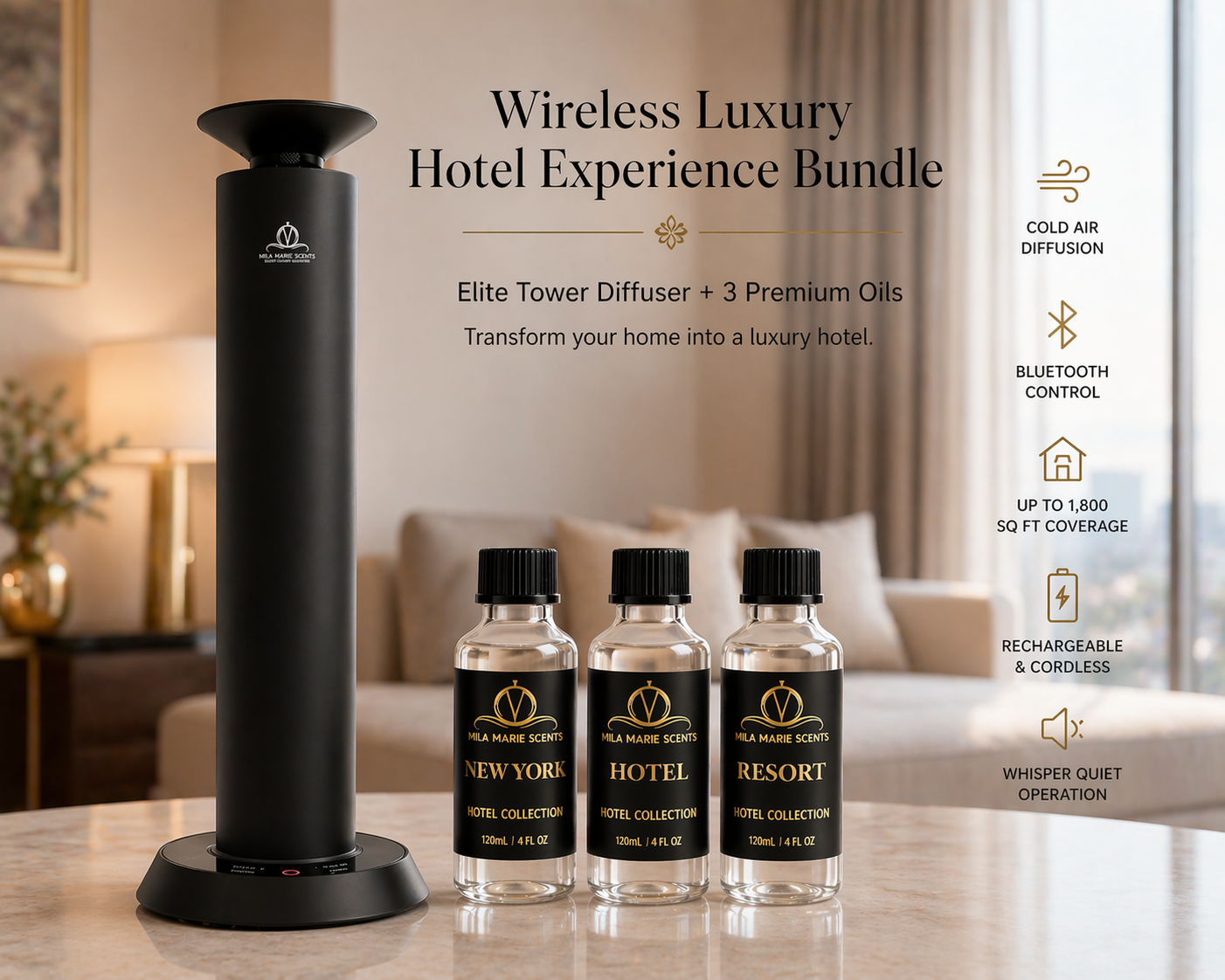 Wireless luxury hotel experience bundle with diffuser and oils in a home setting