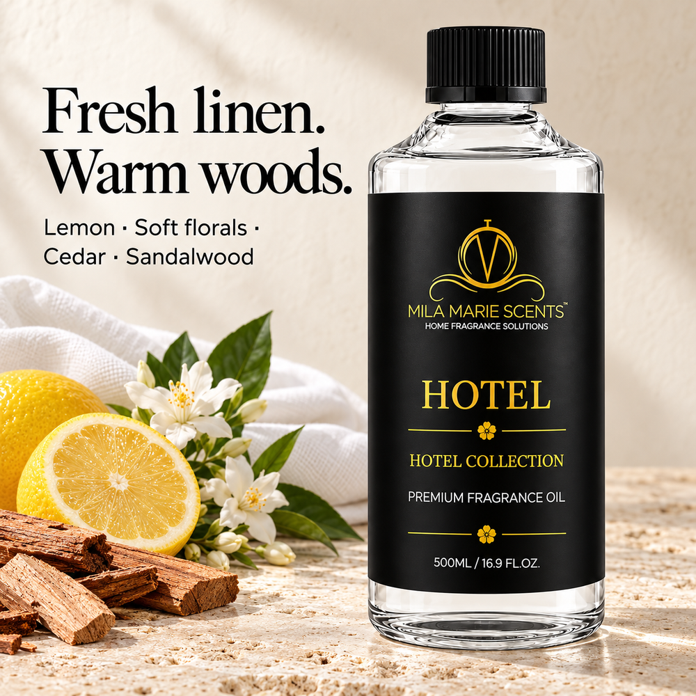 A bottle of Mila Marie Scents Hotel Collection fragrance oil stands on a stone surface beside lemon slices, white flowers, cinnamon sticks, and a folded white cloth. Large text reads 'Fresh linen.