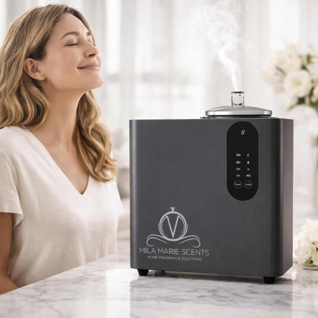 Woman using a black Mila Marie Scents diffuser with a blurred background