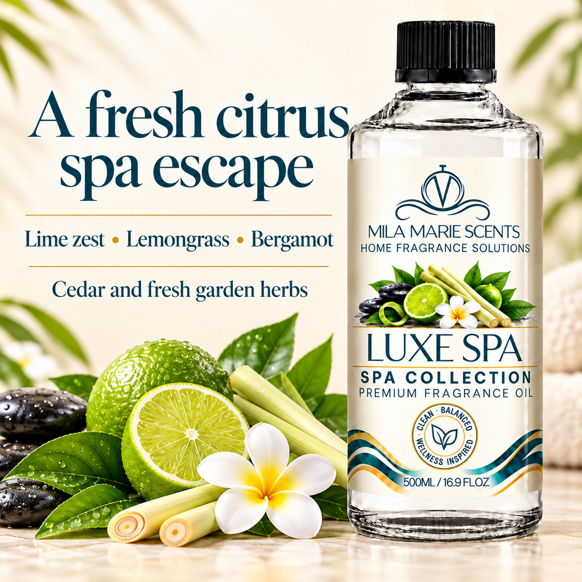 Luxe Spa | Lime & Mandarin · Lemongrass & Bergamot · Cedar & Garden Herbs