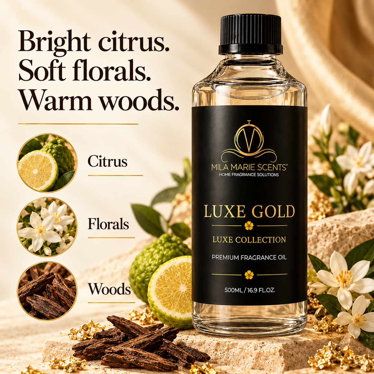 Luxe Gold | Bergamot & Lemon · Magnolia & Jasmine · Koa Wood