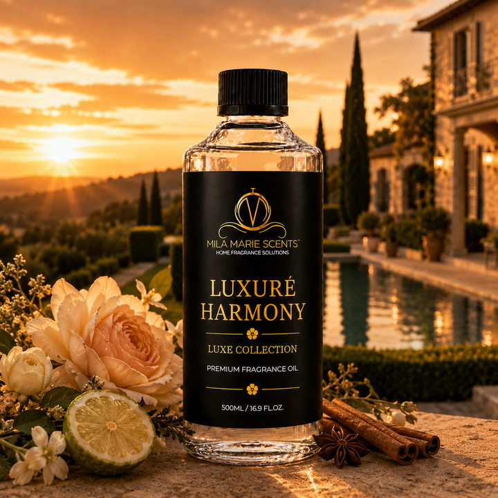 Mila Marie Scents Luxére Harmony fragrance oil bottle with flowers and cinnamon sticks at sunset.