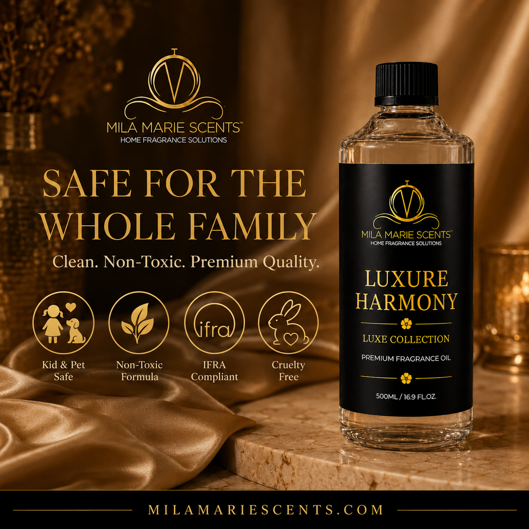 Mila Marie Scents fragrance oil bottle with branding and product details on a warm-toned background.