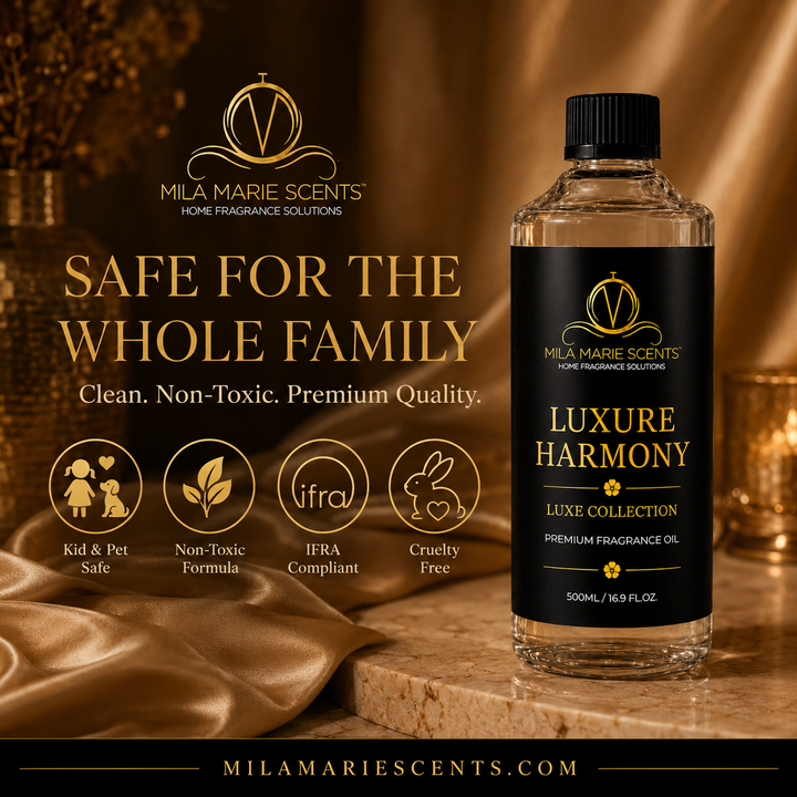 Mila Marie Scents fragrance oil bottle with branding and product details on a warm-toned background.