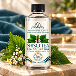 Shiso Tea Spa Collection fragrance oil styled with fresh shiso leaves and white flowers