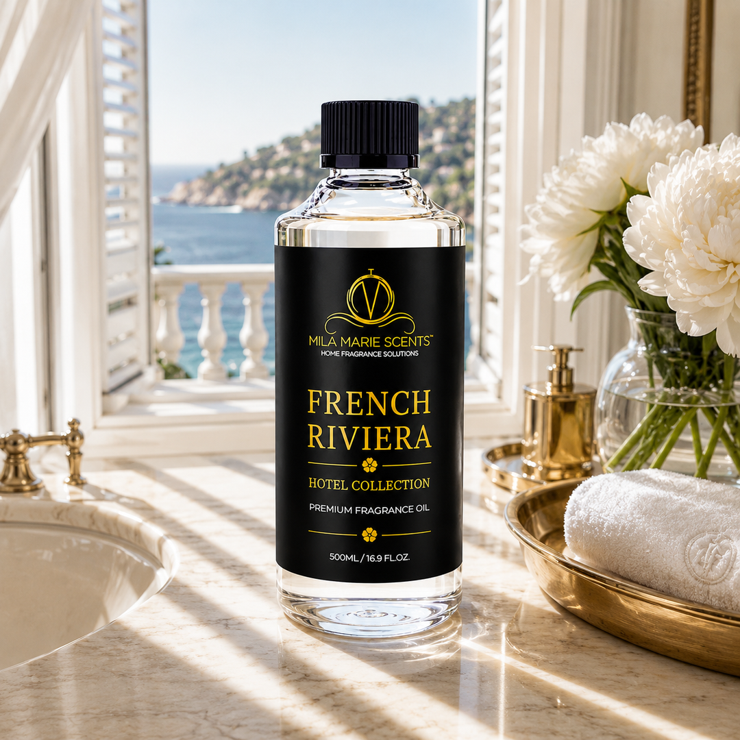 A bottle of Mla Marie Scents French Riviera Hotel Collection premium fragrance oil stands on a marble counter in a luxurious bathroom setting with a window showing a sea view, white flowers, and gold fixtures.