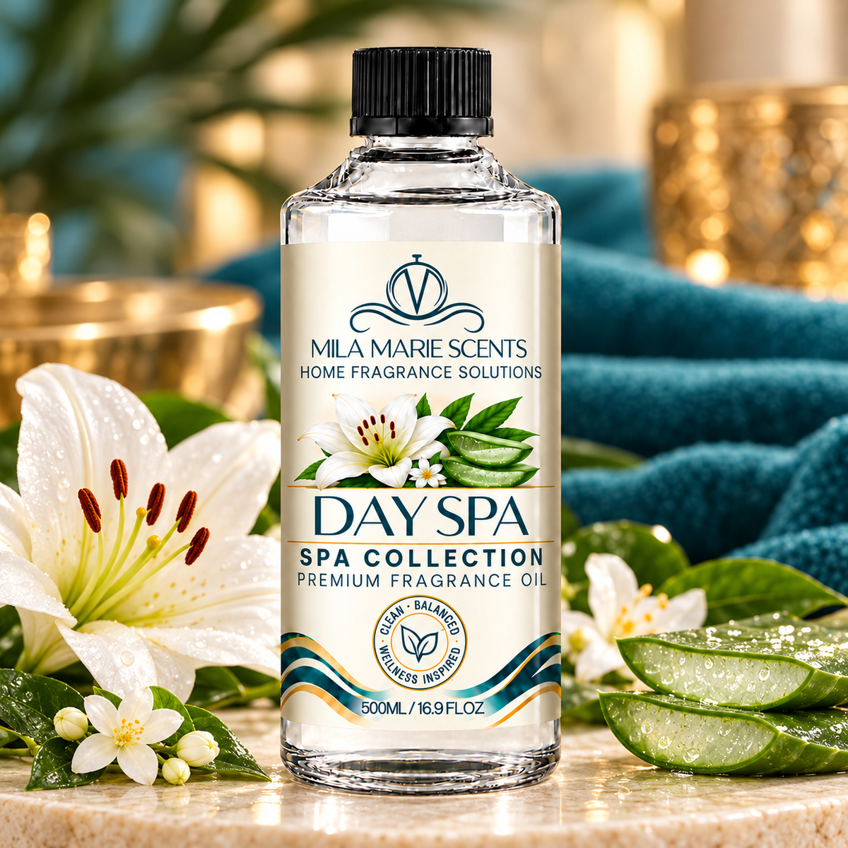 A bottle of Mila Marie Scents Day Spa Spa Collection premium fragrance oil, styled on a marble surface with white lilies, aloe vera slices, and a teal towel in the background.
