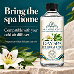 A bottle of Mila Marie Scents Day Spa fragrance oil stands on a stone surface with white lilies and green leaves around it. The bottle is clear glass with a cream label, blue and gold text, and a black cap.