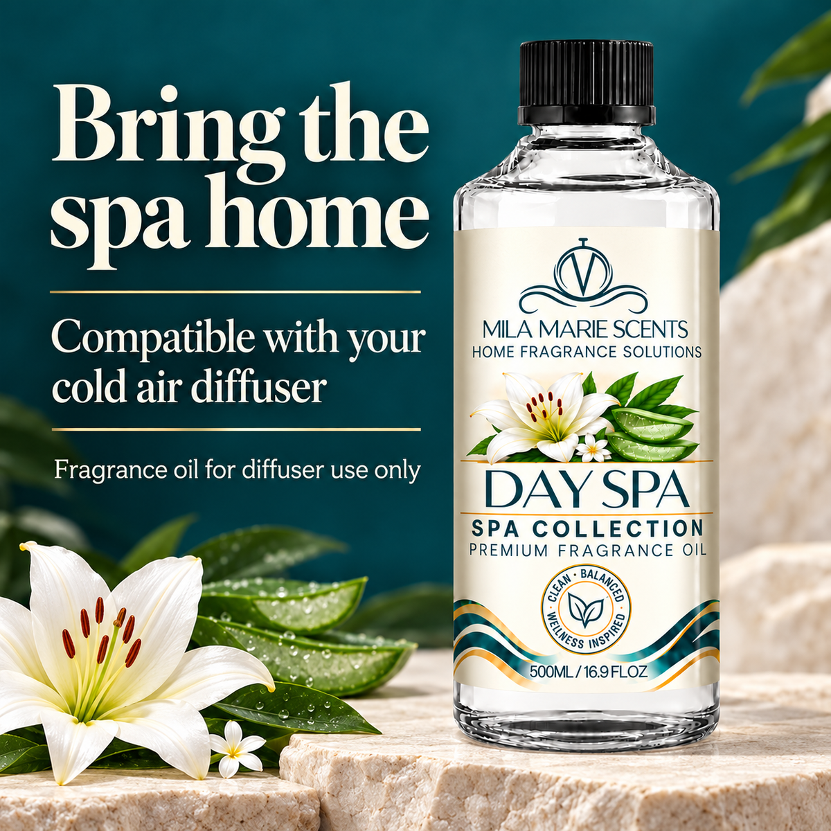 
A bottle of Mila Marie Scents Day Spa fragrance oil stands on a stone surface with white lilies and green leaves around it. The bottle is clear glass with a cream label, blue and gold text, and a black cap.